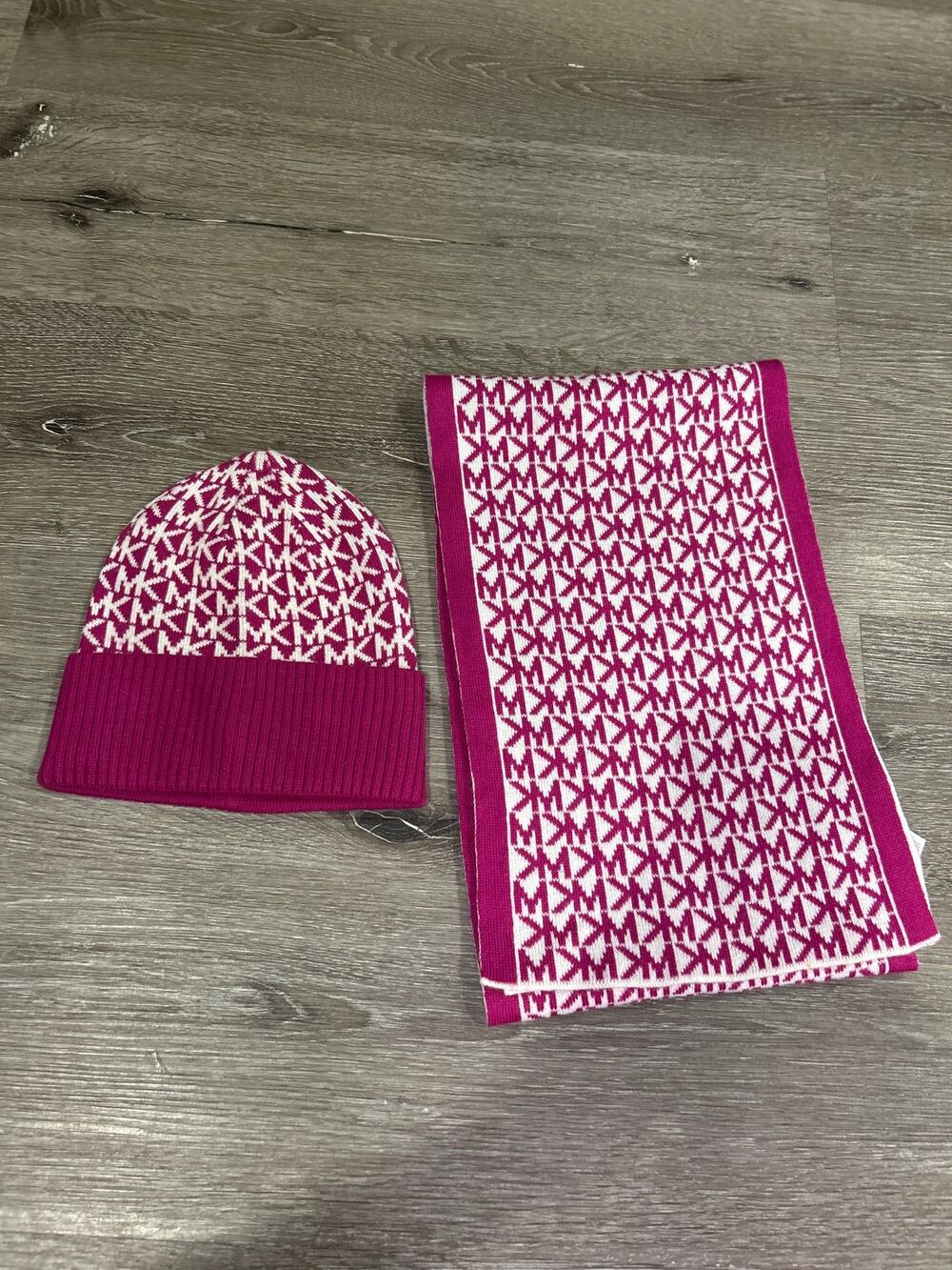 Michael Kors Logo Knit Beanie & Scarf 2-Piece Winter Set – Deep Fuchsia Pink